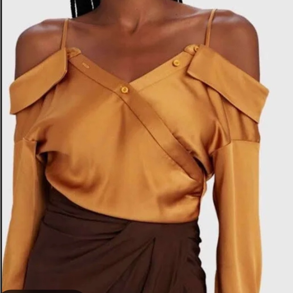Jonathan Simkhai Haley Off The Shoulder Satin Copper Blouse